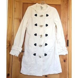 Anthropologie Tulle Cream White Cotton MEDIUM Trench Coat Hood‎ Quiet Luxury M